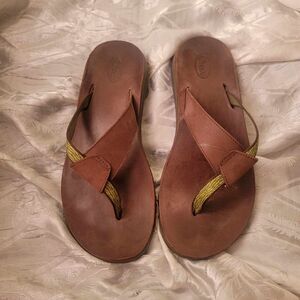 Chaco Womens 9 Wayfarer Post Thong Sandals Toffee Leather Slingback brown